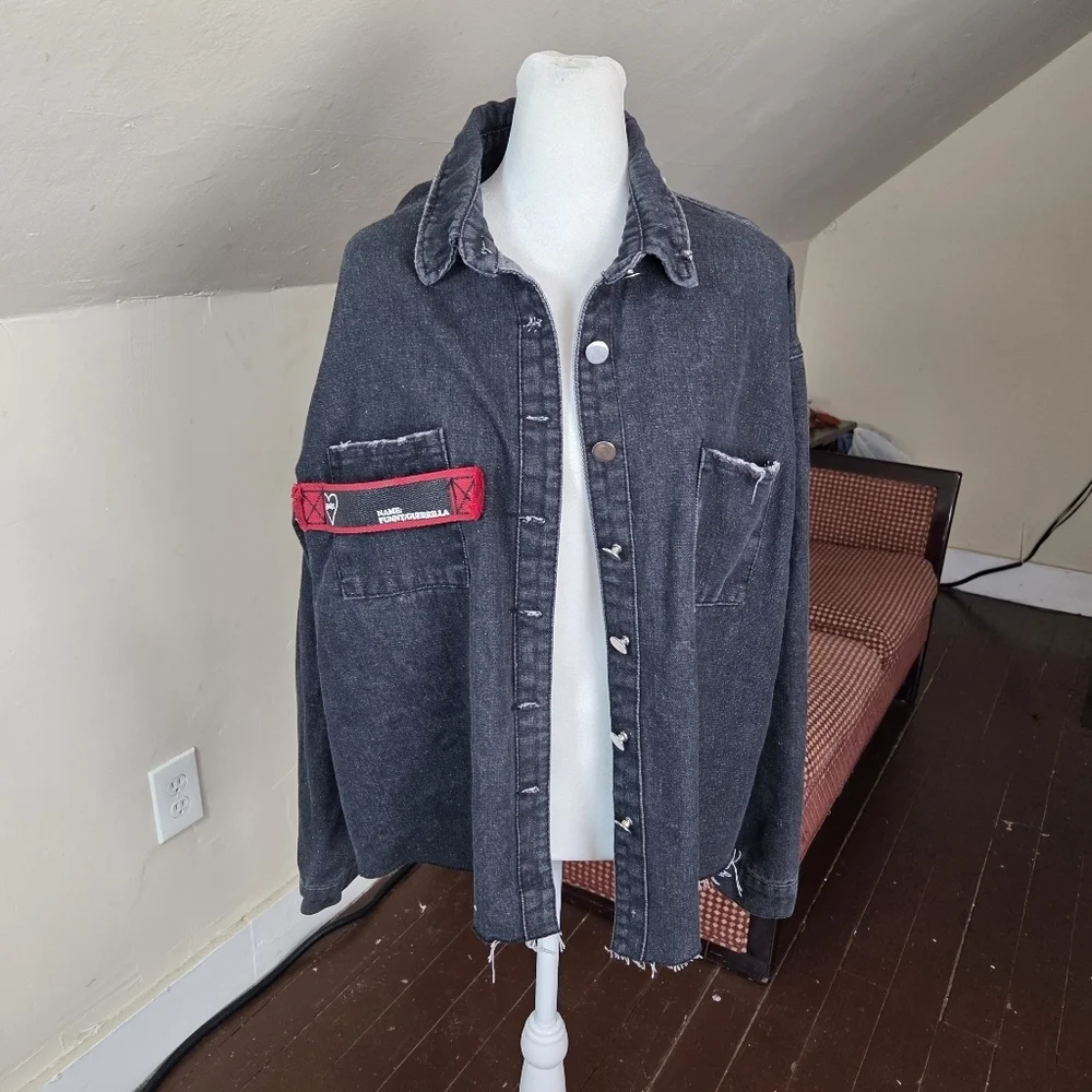 Custom Distressed Black Denim Jacket Black‎ Dog Graphic Grunge Streetwear Size L